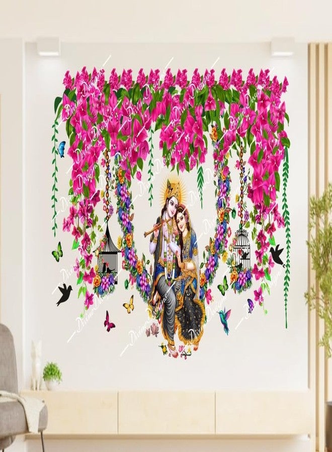DivineDesigns ملصق حائط ذاتي اللصق من الفينيل PVC من DivineDesigns، بتصميم قفص زهور وردية صيفية ورادا كريشنا بانسوري، لتزيين المنزل/غرفة المعيشة (متعدد الألوان) - Image 1